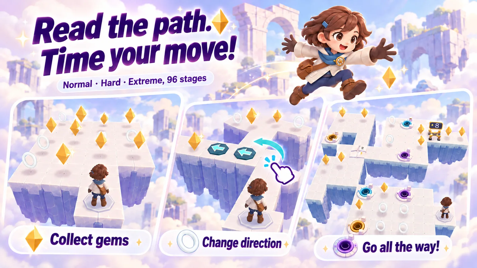 How to play: collect gems, change direction with a tap, and reach the end of the path