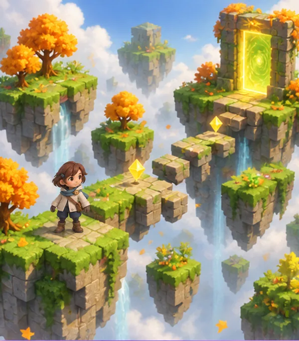 A grassy world of floating blocks with a glowing portal