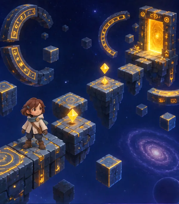 A starry void with golden tiles